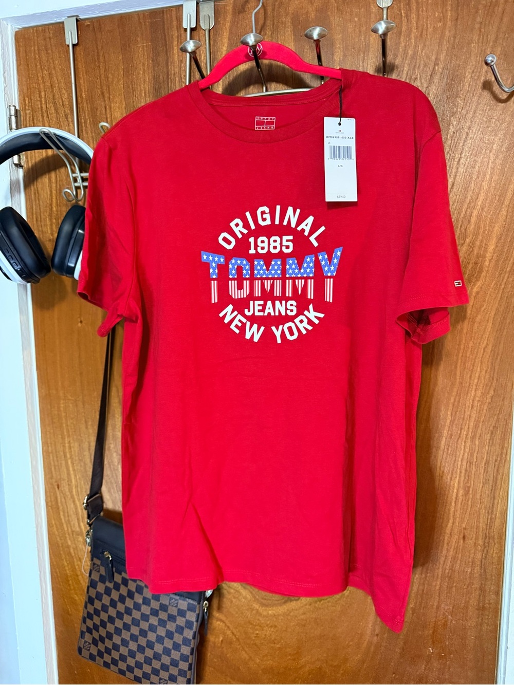 Tommy Hilfiger Men’s Red Graphic Tee with Blue & White Logo